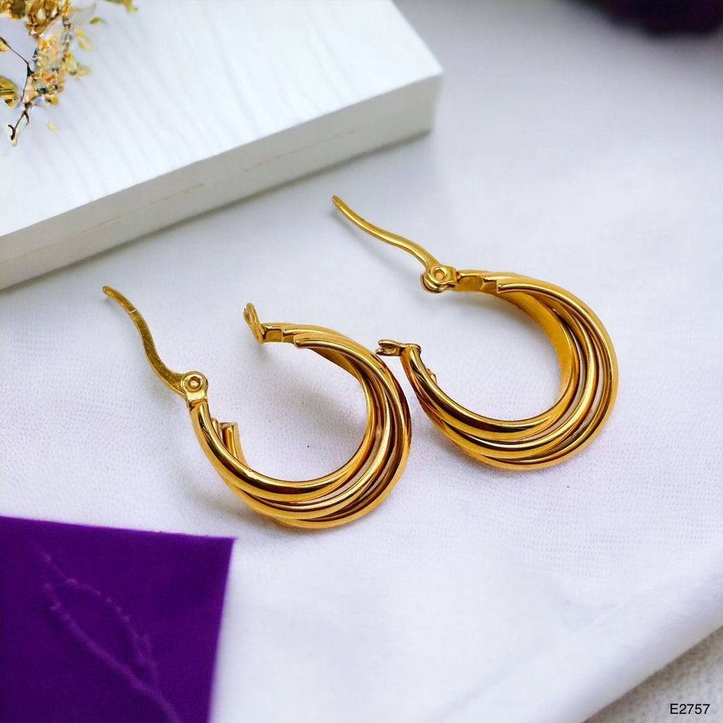 Triple Rings Gold Stainless Steel Anti Tarnish Hoop Earrings Bulk