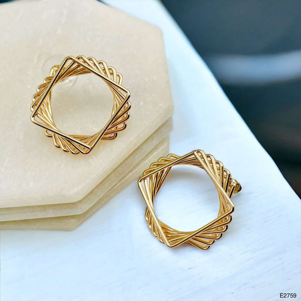 3D Layers 18K Gold Anti Tarnish Geometric Stud Dangler Earring Bulk