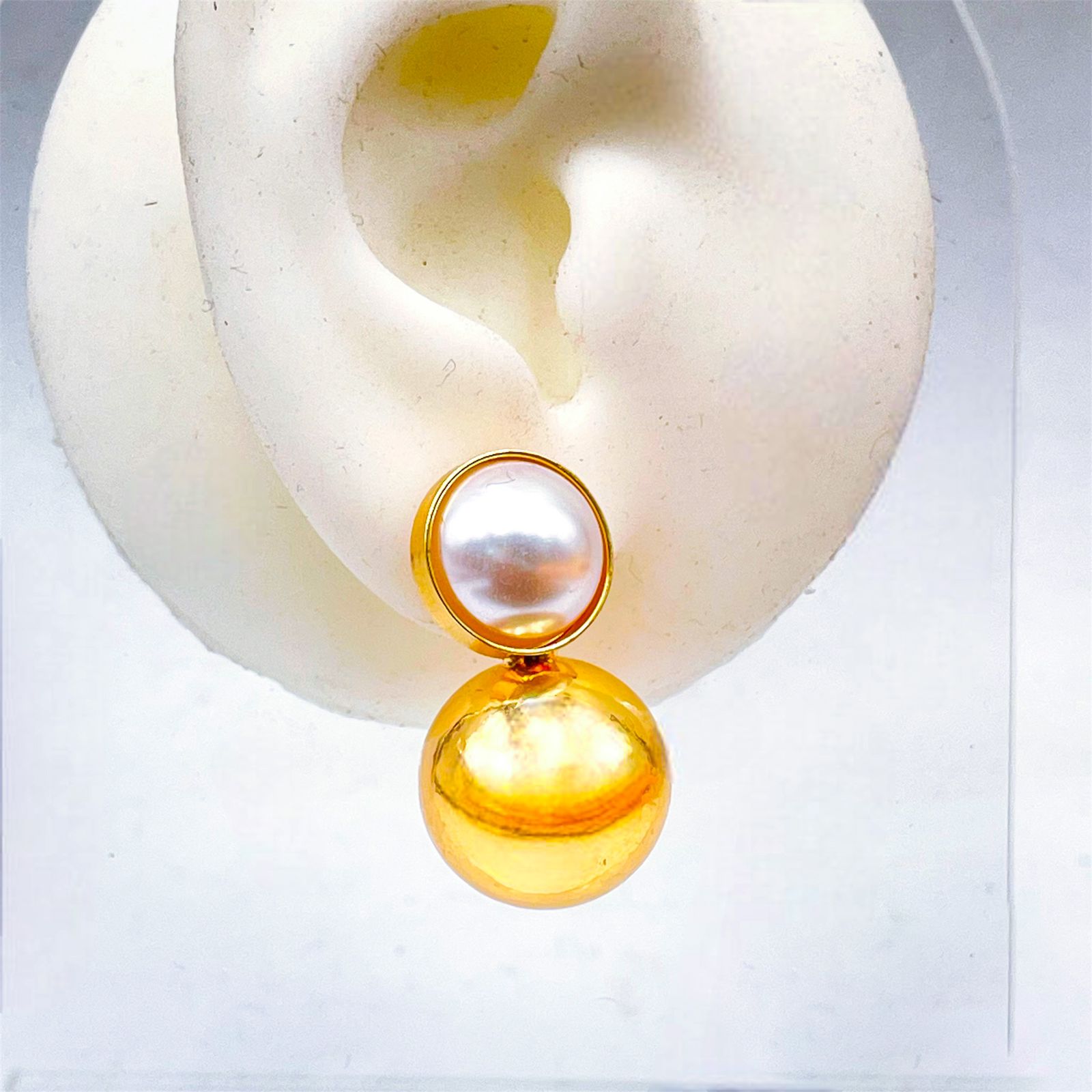 Pearl Glossy 18K Gold Copper Stud Dangler Drop Earring For Women Bulk