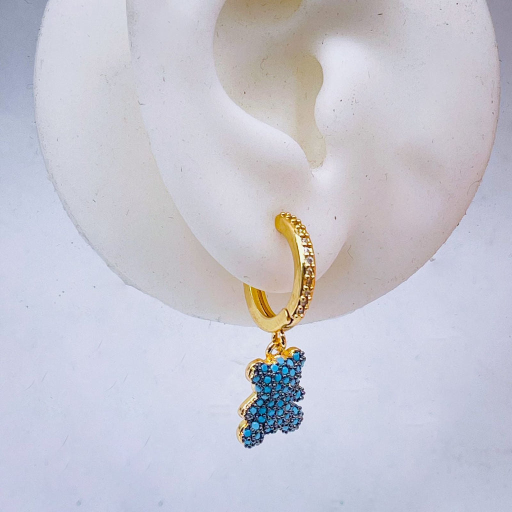 Turquoise Blue Teddy Bear 18K Gold Hoop Dangling Drop Earring Bulk