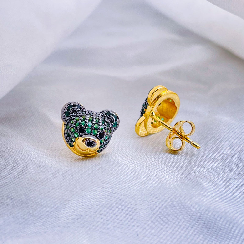 Green Teddy Bear 18K Gold Copper Stud Earring For Women Bulk