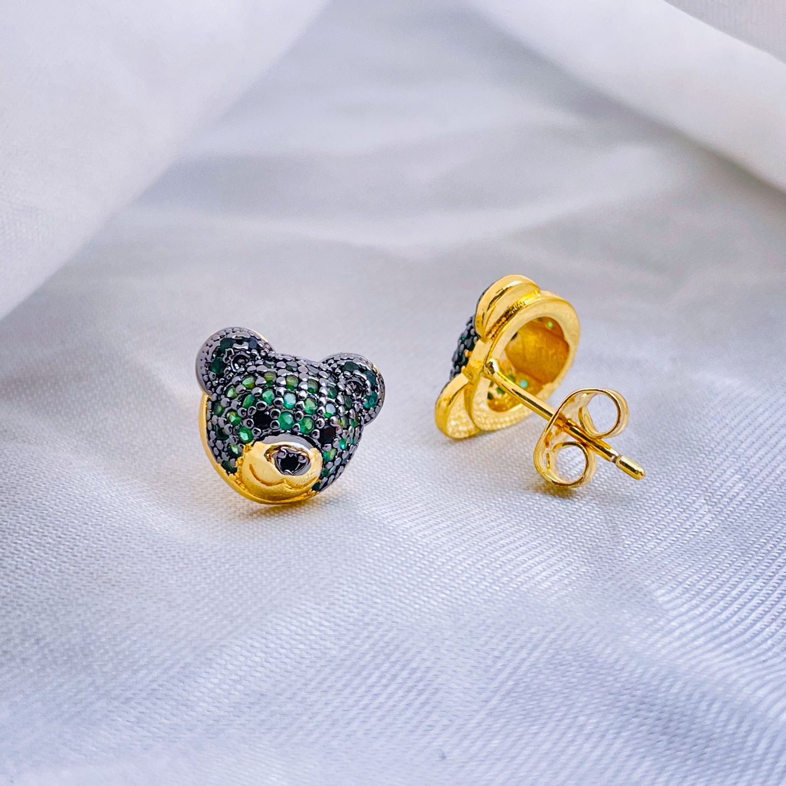 Green Teddy Bear 18K Gold Copper Stud Earring For Women Bulk