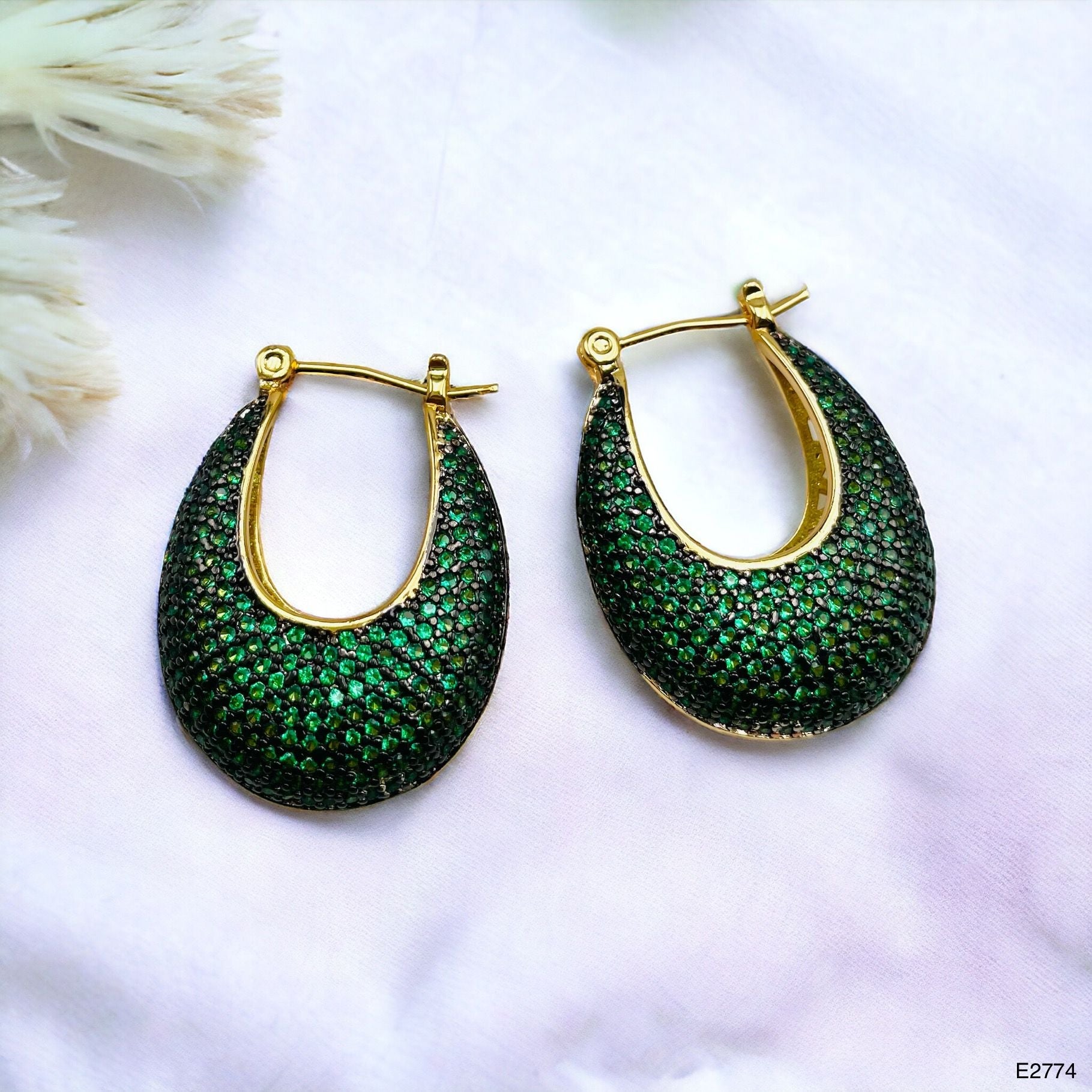 Green Cubic Zirconia 18K Gold Anti Tarnish Hoop Bali Earring Bulk