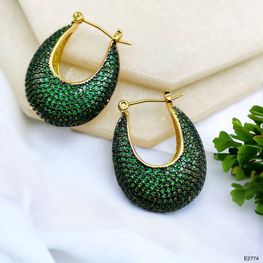 Green Cubic Zirconia 18K Gold Anti Tarnish Hoop Bali Earring Bulk