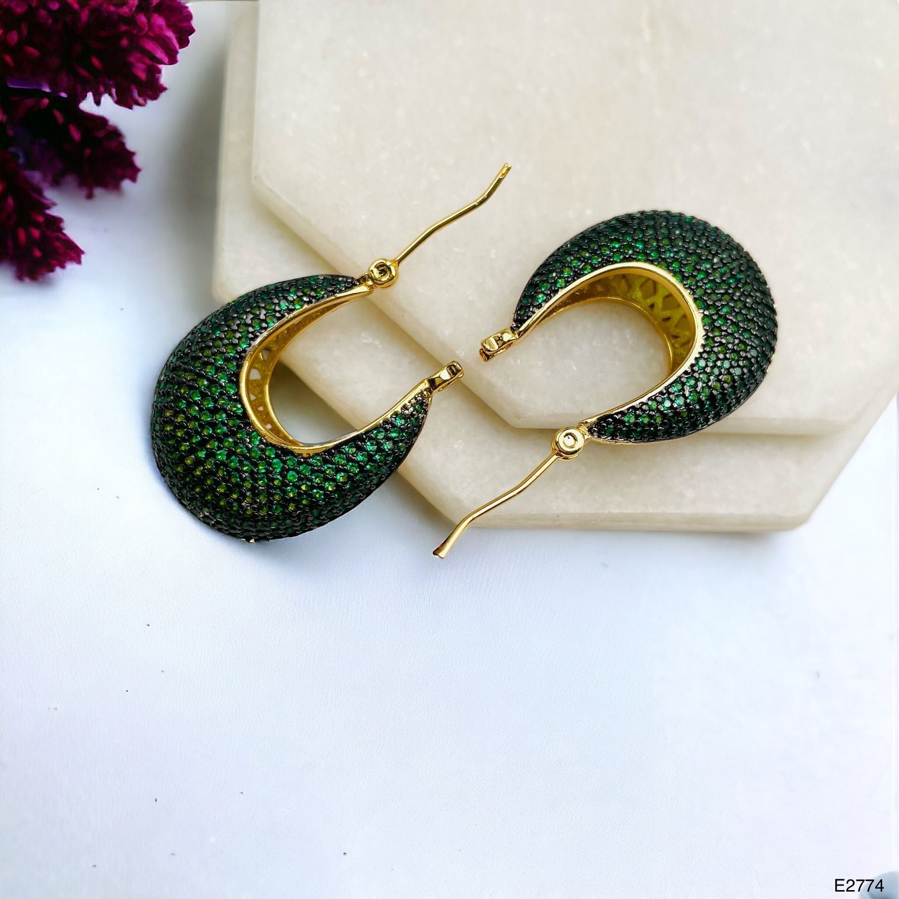 Green Cubic Zirconia 18K Gold Anti Tarnish Hoop Bali Earring Bulk