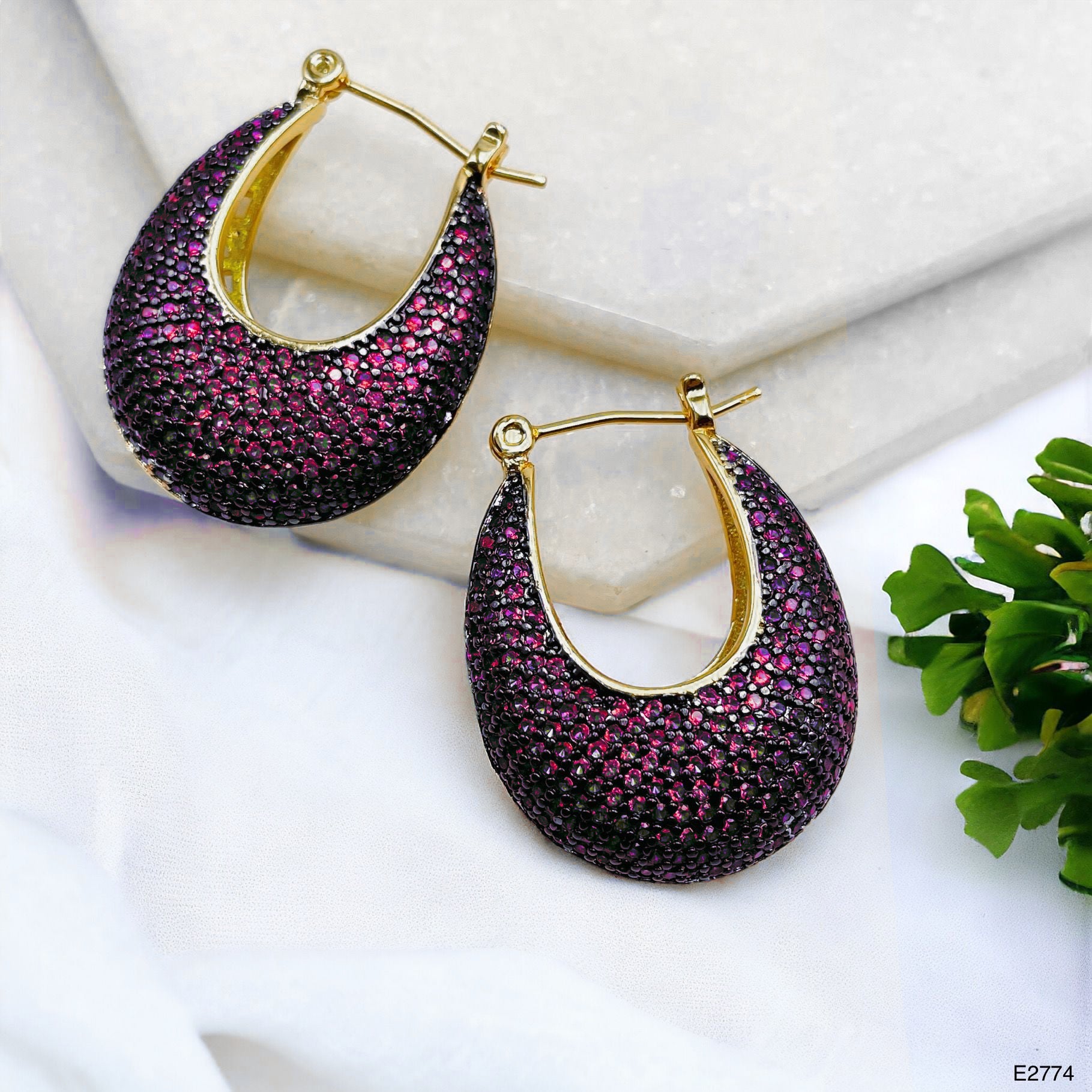 Green Cubic Zirconia 18K Gold Anti Tarnish Hoop Bali Earring Bulk