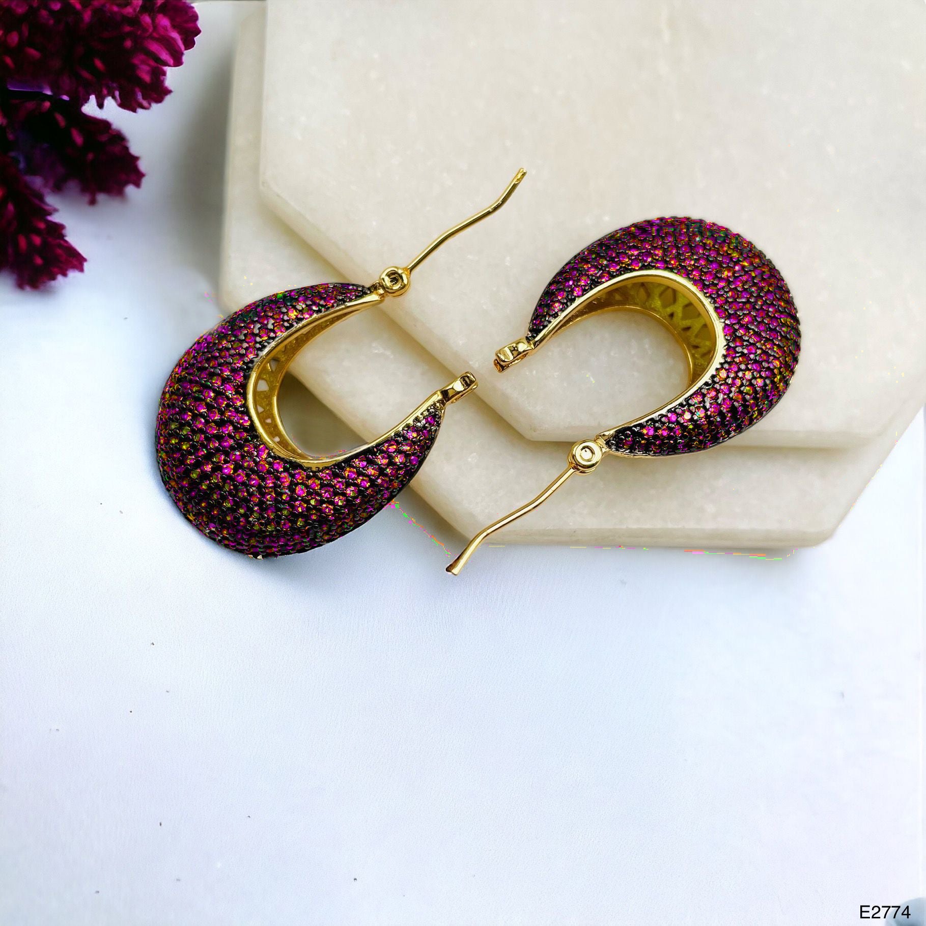 Green Cubic Zirconia 18K Gold Anti Tarnish Hoop Bali Earring Bulk