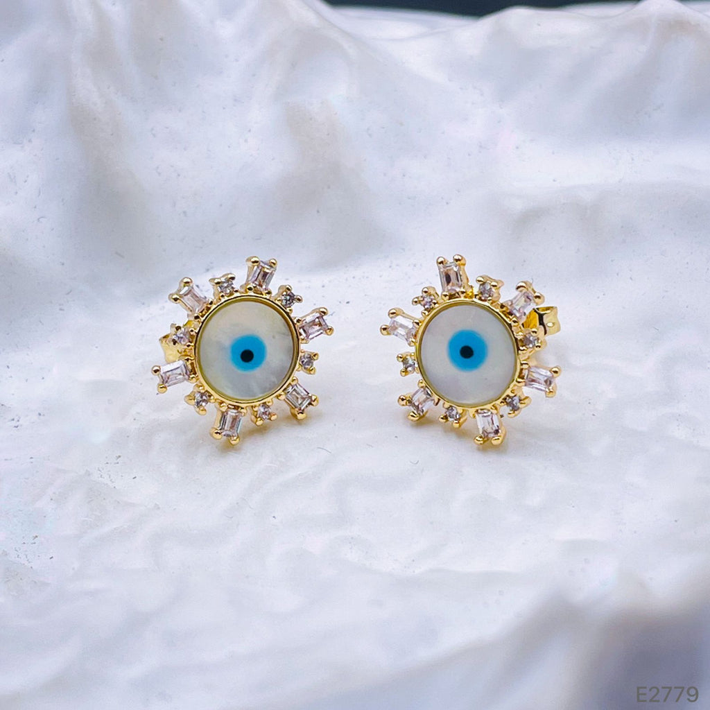 Sun Rays Mother of Pearl Evil Eye 18K Gold Stud Earring for Women