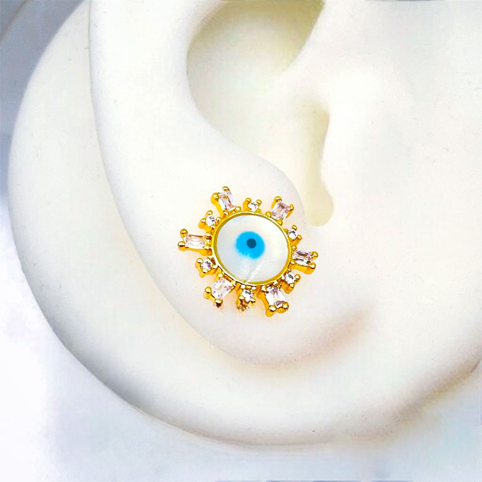 Sun Rays Mother of Pearl Evil Eye 18K Gold Stud Earring for Women