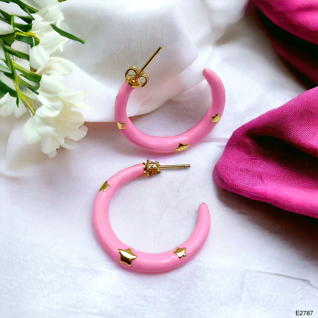 Pink Enamel 18K Gold Anti Tarnish Hoop Earring For Women Bulk