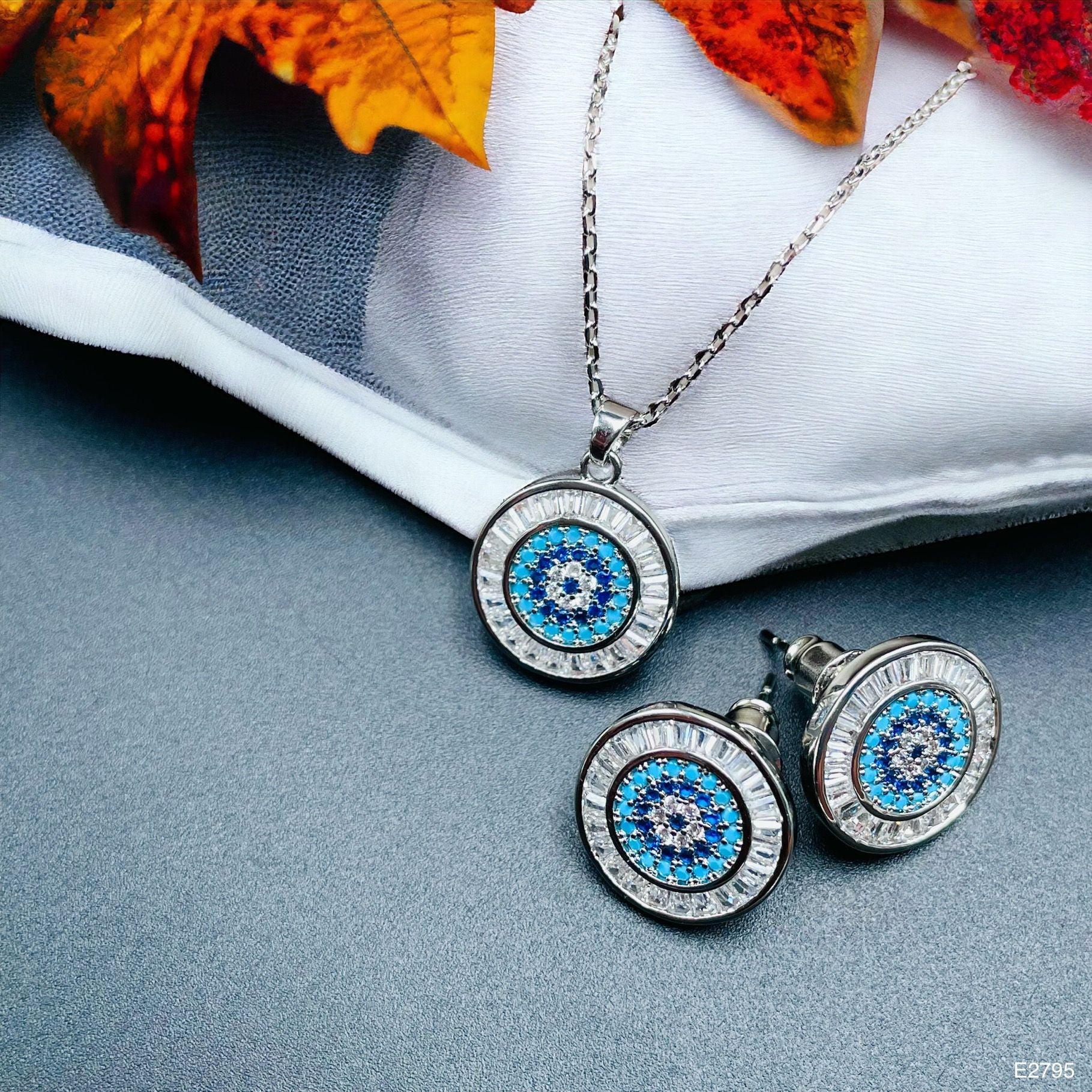 Evil Eye Baguette Silver Anti Tarnish Pendant Chain Earring Set Bulk