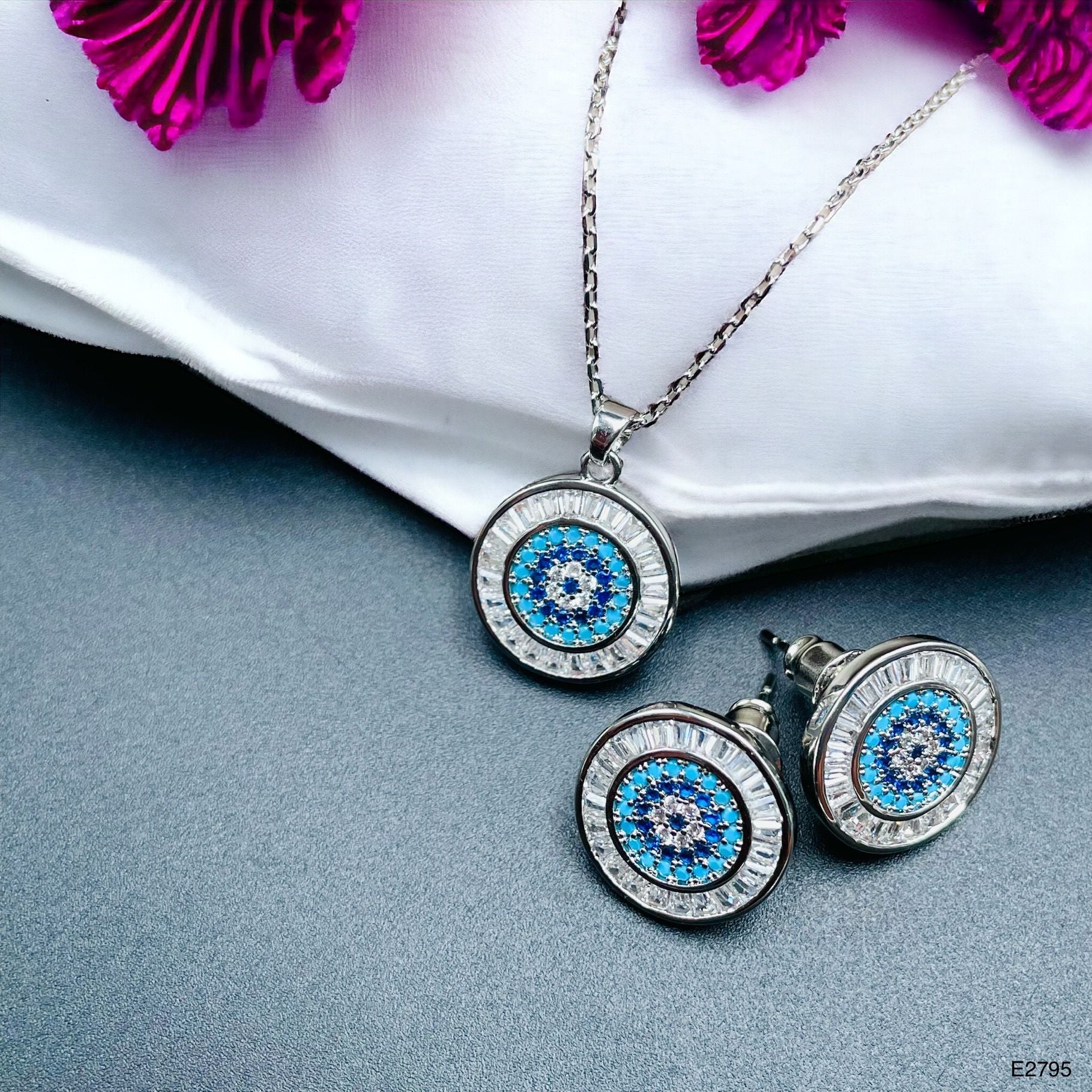 Evil Eye Baguette Silver Anti Tarnish Pendant Chain Earring Set Bulk Secondary image