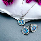 Evil Eye Baguette Silver Anti Tarnish Pendant Chain Earring Set Bulk