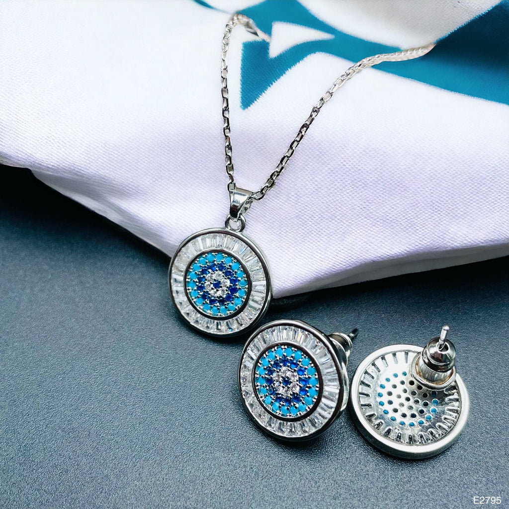 Evil Eye Baguette Silver Anti Tarnish Pendant Chain Earring Set Bulk