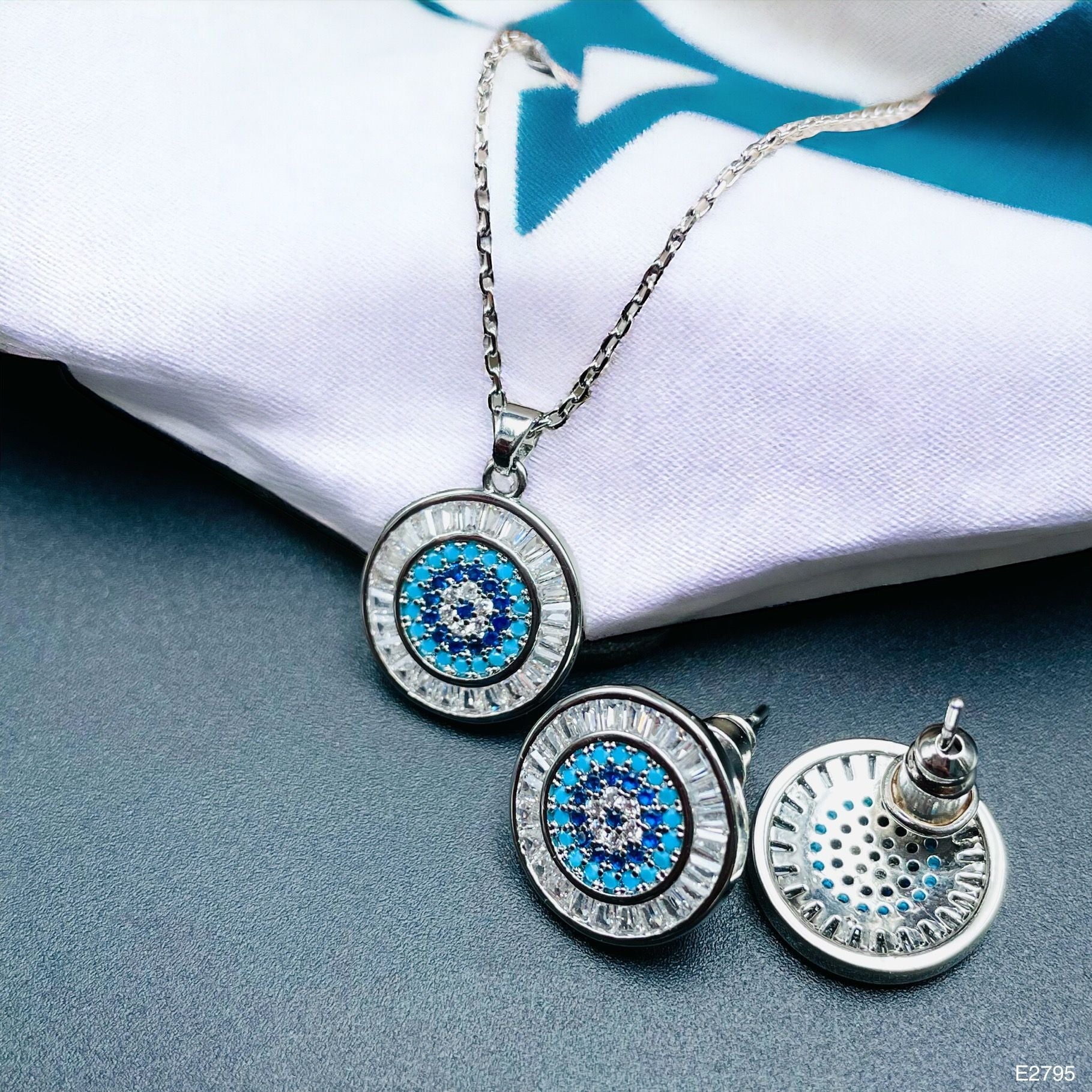 Evil Eye Baguette Silver Anti Tarnish Pendant Chain Earring Set Bulk