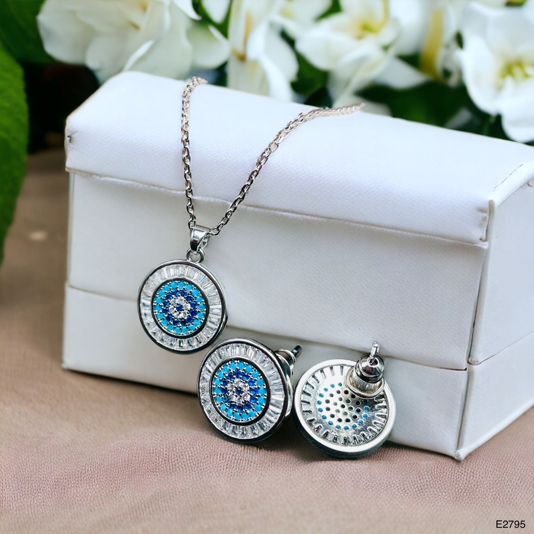Evil Eye Baguette Silver Anti Tarnish Pendant Chain Earring Set Bulk