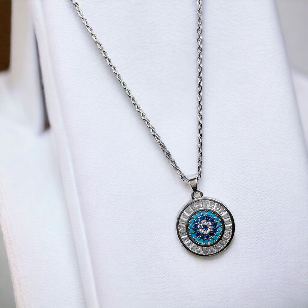 Evil Eye Baguette Silver Anti Tarnish Pendant Chain Earring Set Bulk
