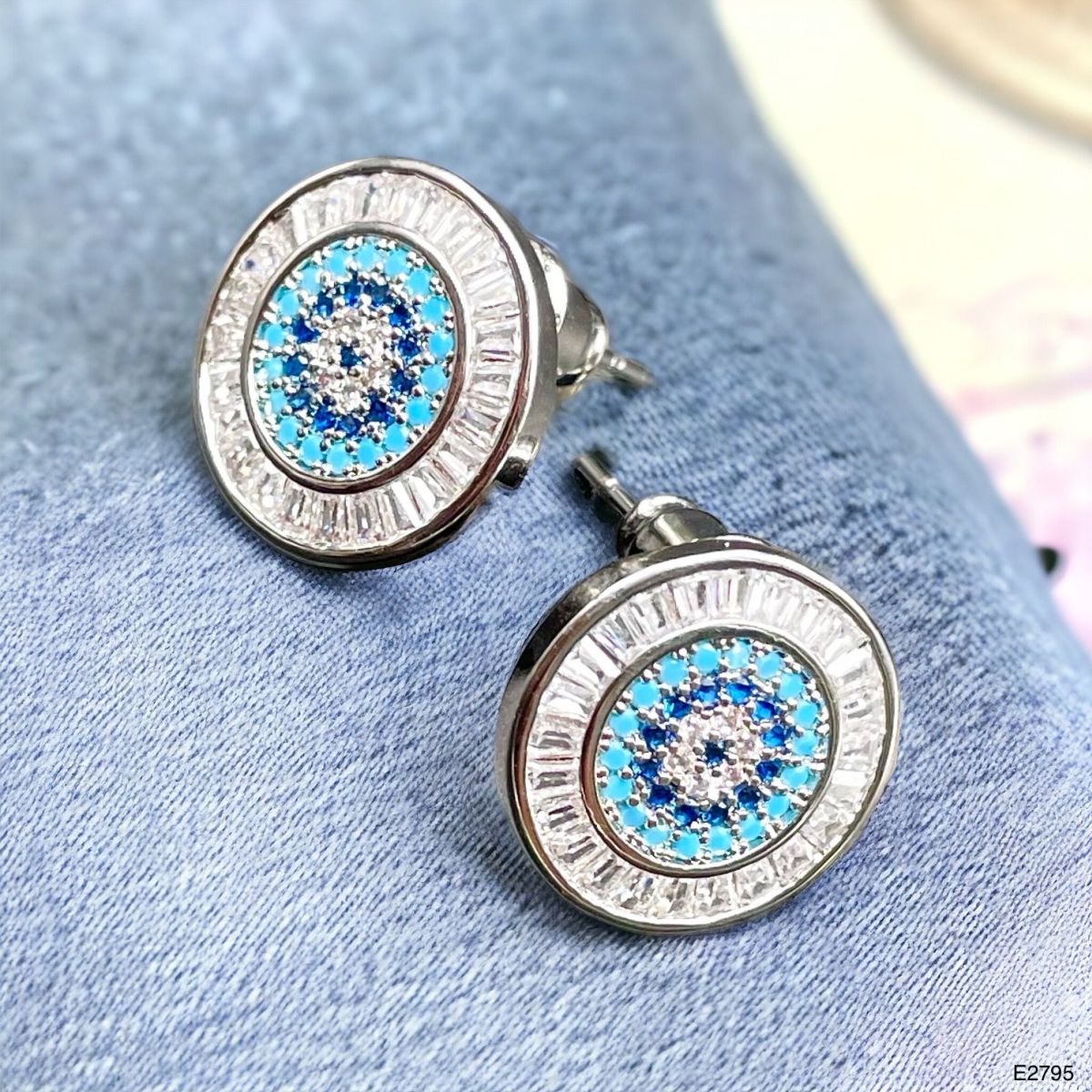 Evil Eye Baguette Silver Anti Tarnish Pendant Chain Earring Set Bulk