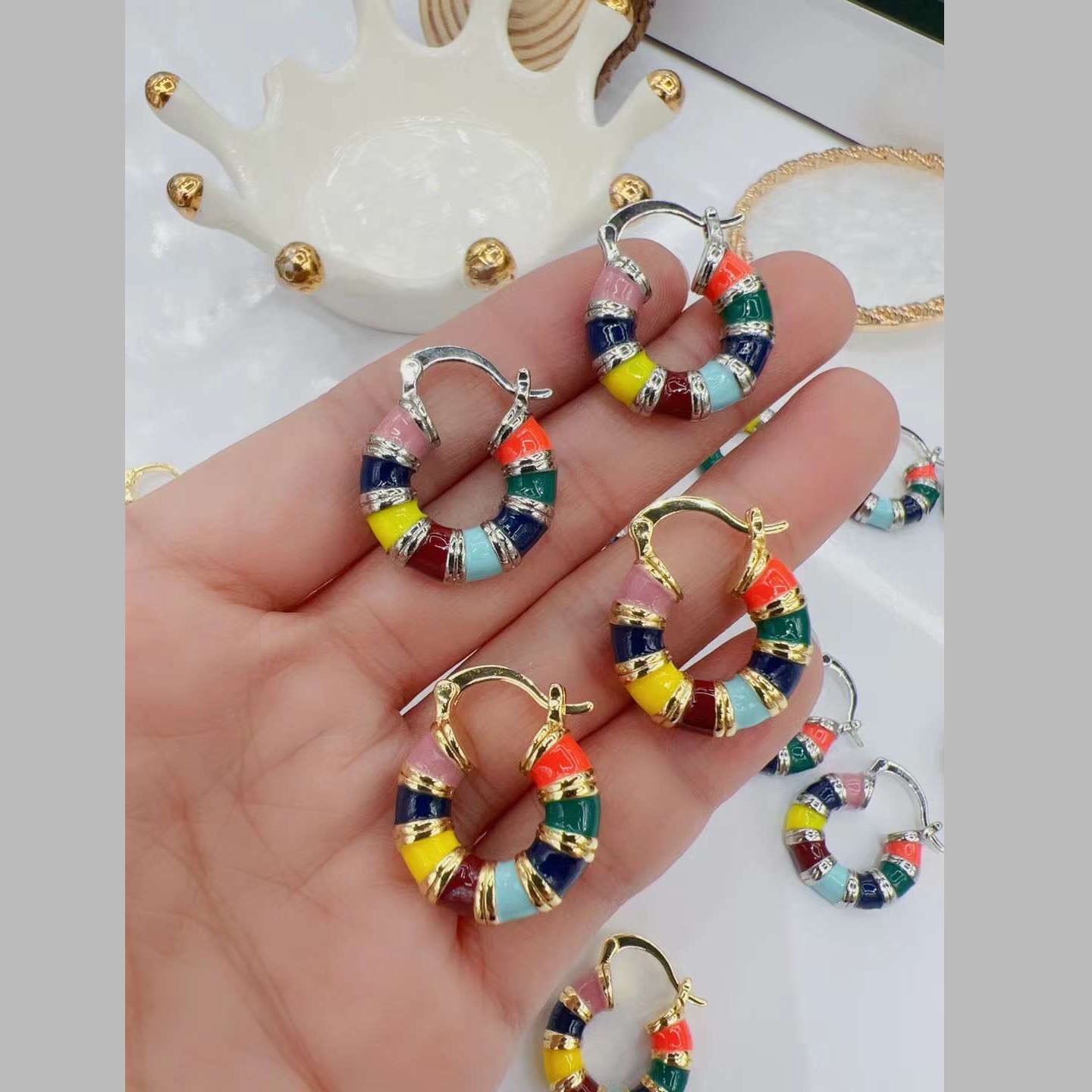 Rainbow Multi Enamel 18K Gold Plated Copper Hoop Earring Pair Bulk Main image