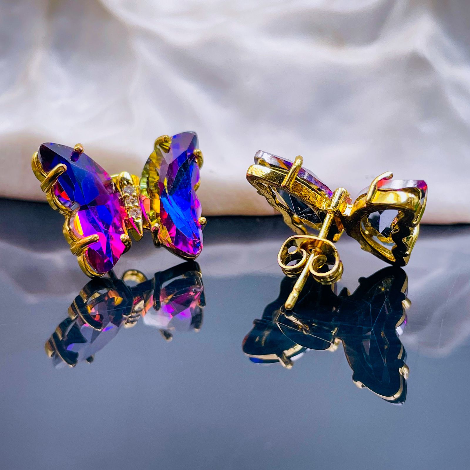 Butterfly Pink Blue Crystal Gold Stud Earring Pair For Women Bulk Secondary image