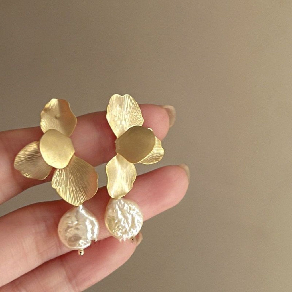 Floral Pearl Italian 14K Gold Finish Anti Tarnish Drop Earring Bulk