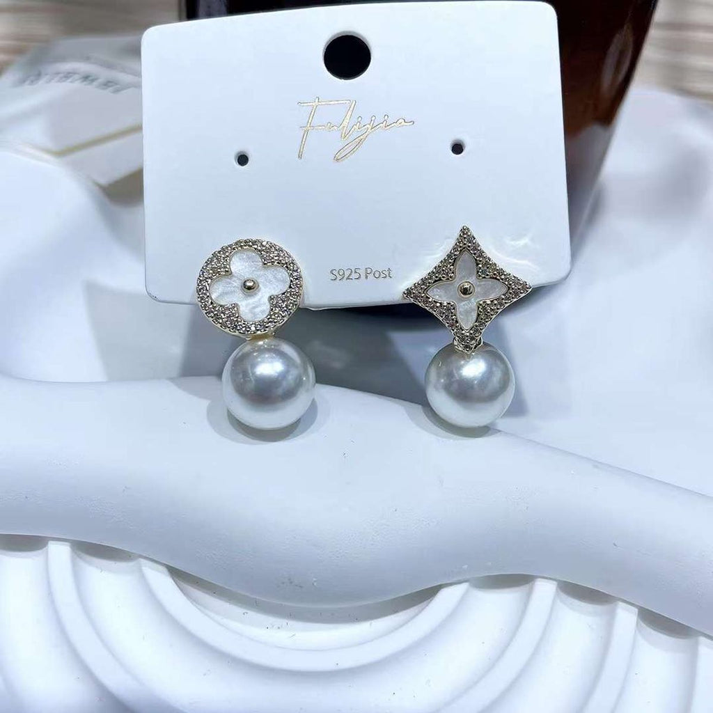 Mismatch Clover Pearl CZ 18K Gold Anti Tarnish Drop Earring Bulk