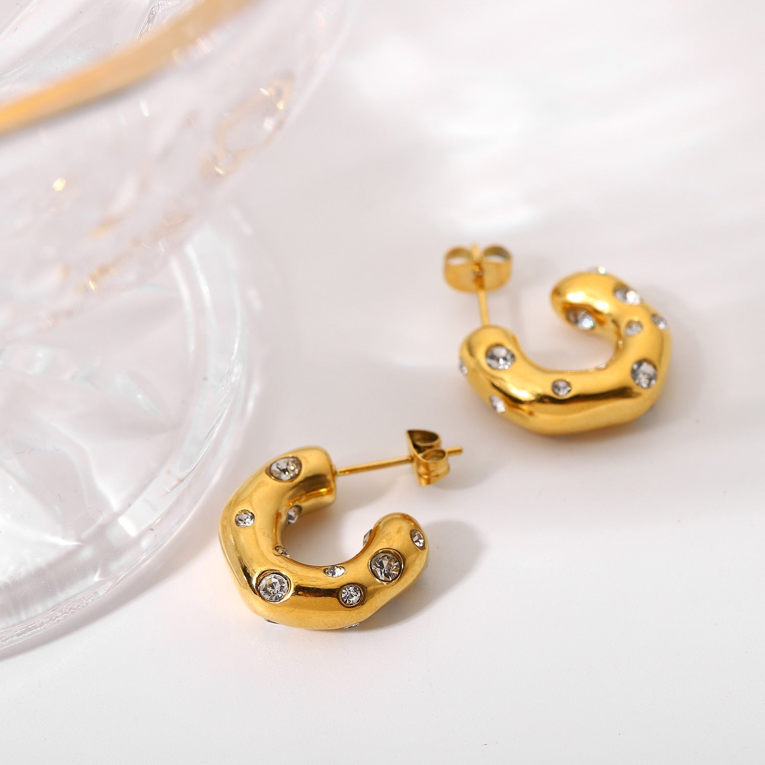 Hammered Semi Circle 18K Gold Plated Cubic Zirconia Studded Stainless Steel Hoop Earrings For Women Main image