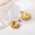 Hammered Semi Circle 18K Gold Plated Cubic Zirconia Studded Stainless Steel Hoop Earrings For Women