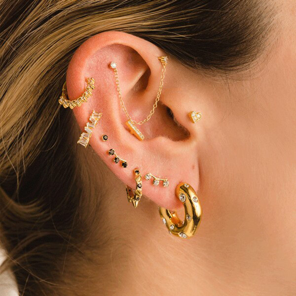 Hammered Semi Circle 18K Gold Plated Cubic Zirconia Studded Stainless Steel Hoop Earrings For Women Secondary image
