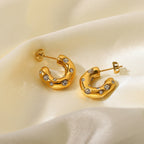 Hammered Semi Circle 18K Gold Plated Cubic Zirconia Studded Stainless Steel Hoop Earrings For Women