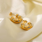 Hammered Semi Circle 18K Gold Plated Cubic Zirconia Studded Stainless Steel Hoop Earrings For Women