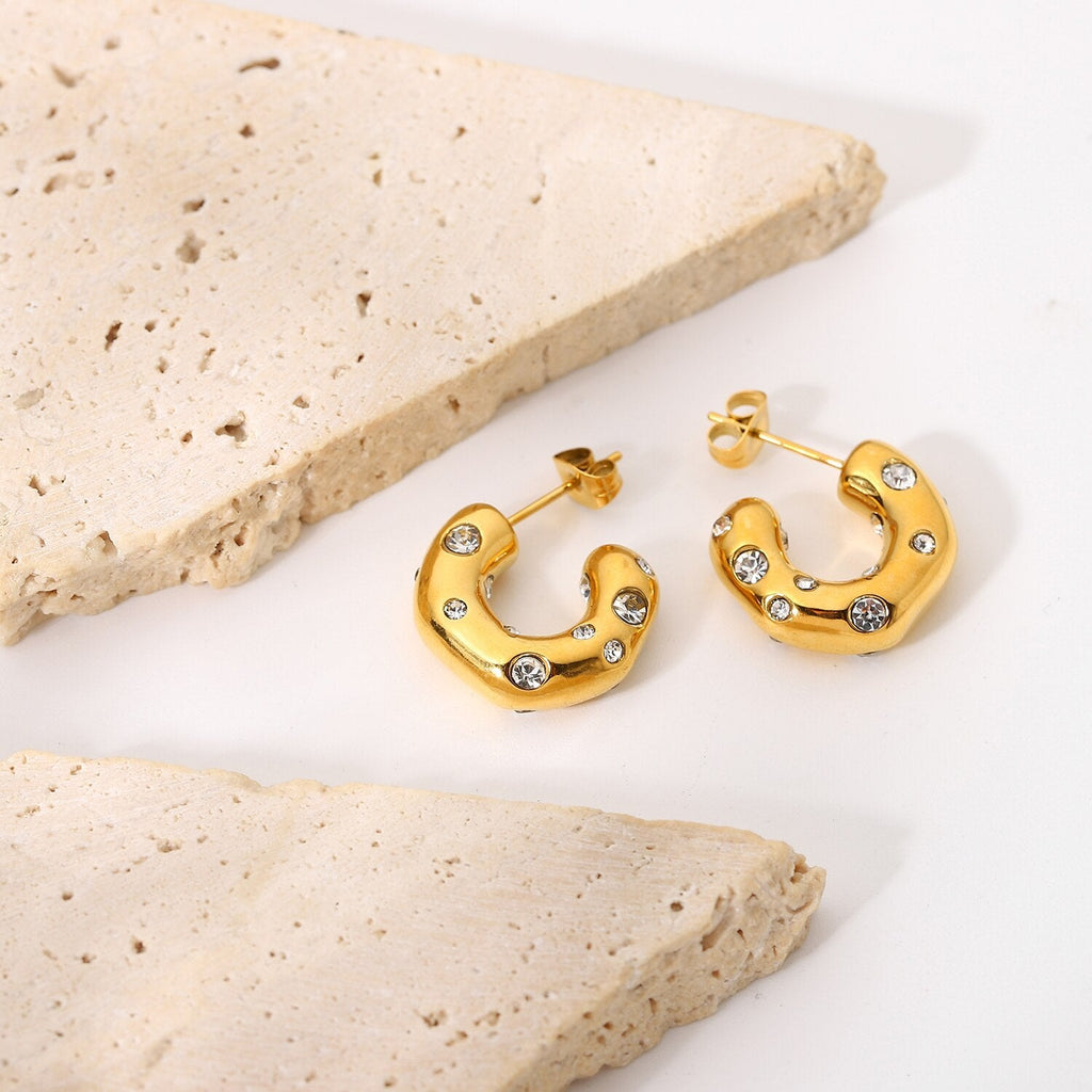 Hammered Semi Circle 18K Gold Plated Cubic Zirconia Studded Stainless Steel Hoop Earrings For Women
