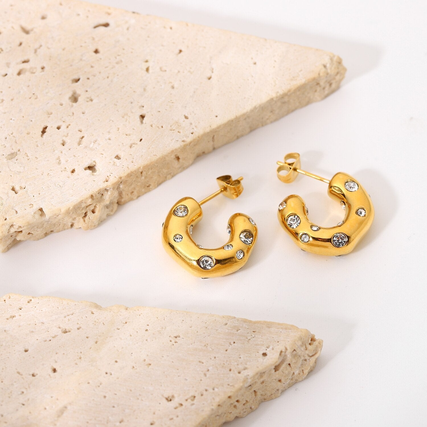 Hammered Semi Circle 18K Gold Plated Cubic Zirconia Studded Stainless Steel Hoop Earrings For Women