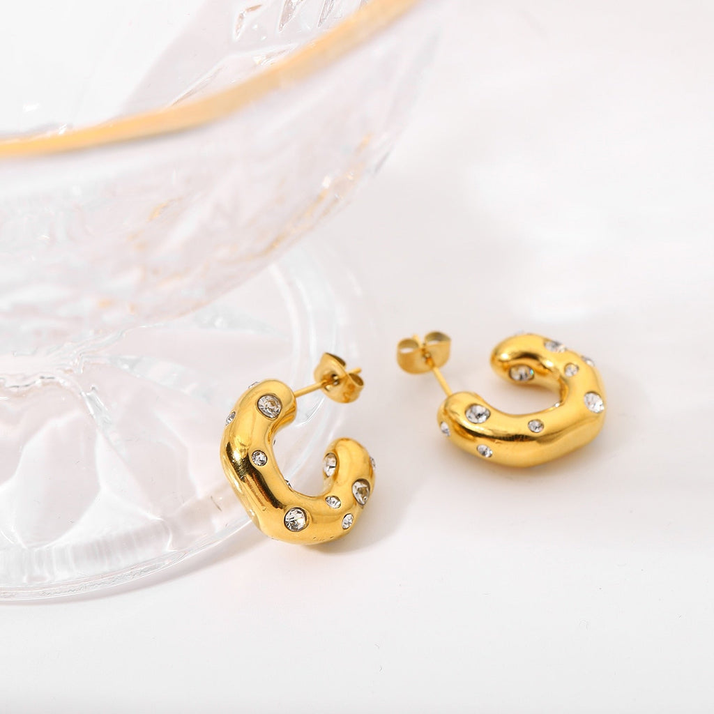 Hammered Semi Circle 18K Gold Plated Cubic Zirconia Studded Stainless Steel Hoop Earrings For Women