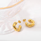 Hammered Semi Circle 18K Gold Plated Cubic Zirconia Studded Stainless Steel Hoop Earrings For Women