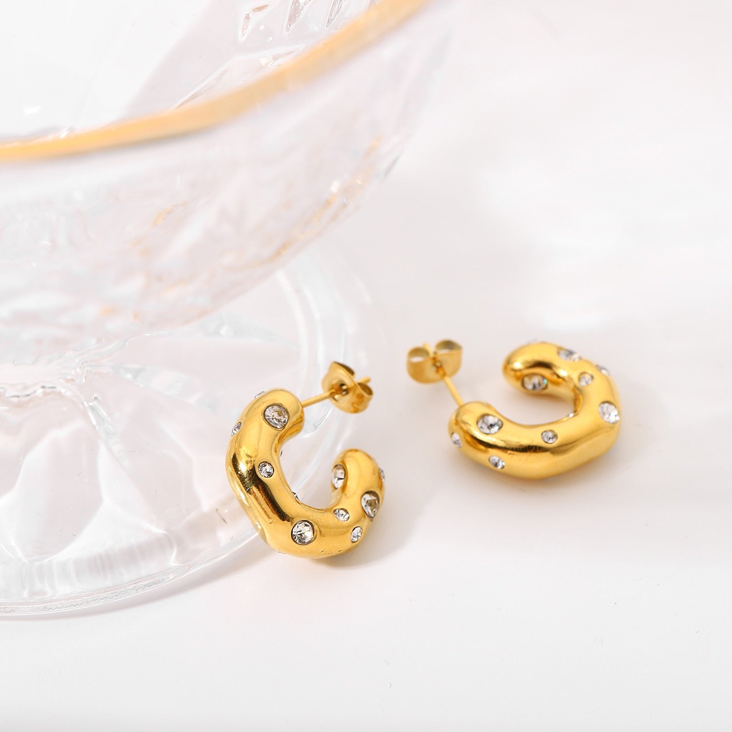 Hammered Semi Circle 18K Gold Plated Cubic Zirconia Studded Stainless Steel Hoop Earrings For Women