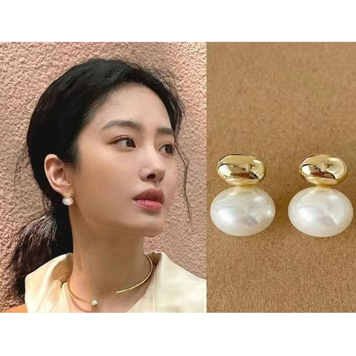 Fresh Water Pearl Glossy Gold Button Anti Tarnish Stud Earring Bulk Secondary image
