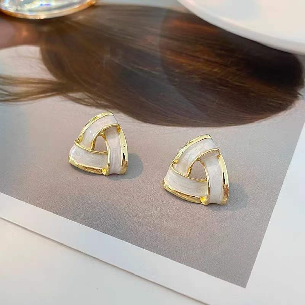 Triangle Overlap White Enamel 18K Gold Anti Tarnish Stud Earring Bulk Main image