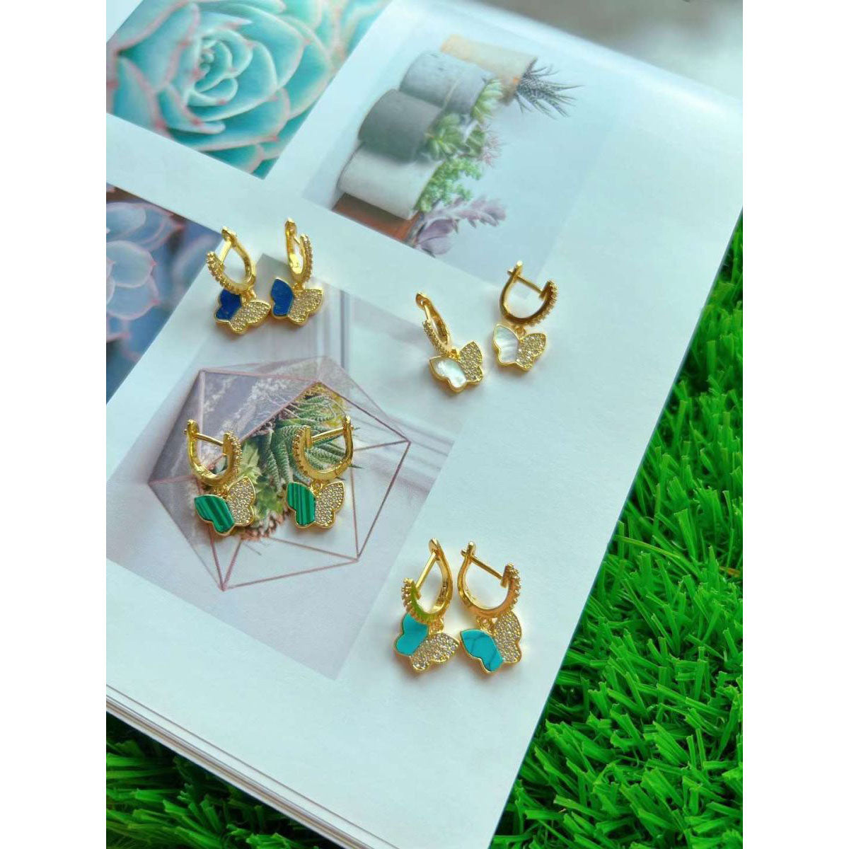 Turquoise Blue Butterfly CZ Gold Anti Tarnish Dangling Earring Bulk