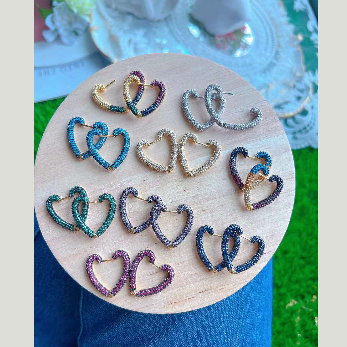 Heart Love Rainbow Multi Color CZ Gold Anti Tarnish Stud Earring Bulk Main image