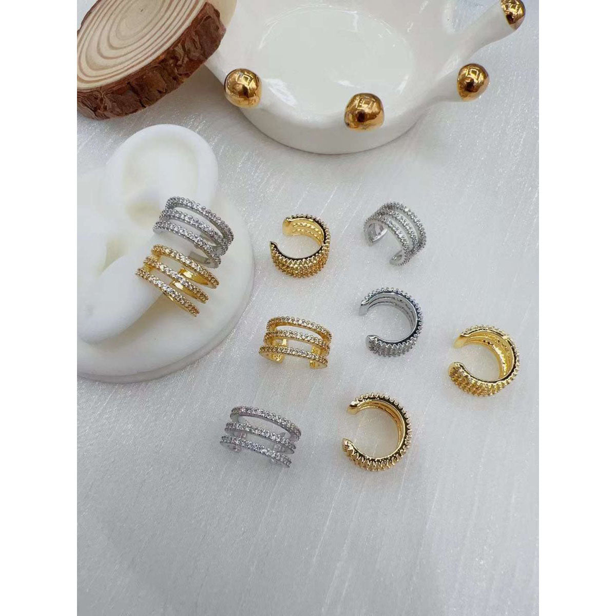 Triple Line Clip-On Non Piercing Cubic Zirconia 18K Gold Anti Tarnish Earring Pair for Women Main image