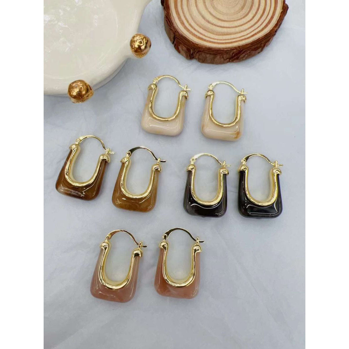 U Shape Coffee Brown Resin 18K Gold Anti Tarnish Hoop Earring Bulk