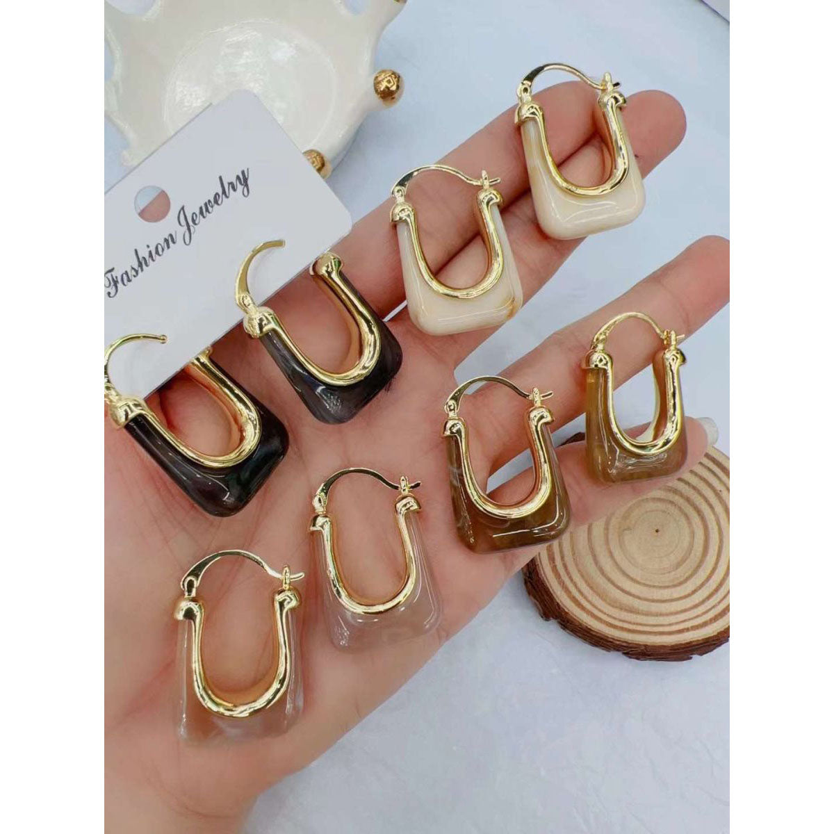 U Shape Coffee Brown Resin 18K Gold Anti Tarnish Hoop Earring Bulk Secondary image