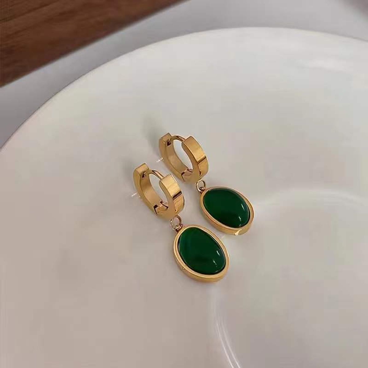 Green Oval Emerald Dangling 18K Gold Anti Tarnish Stainless Steel Earring for Women Main image