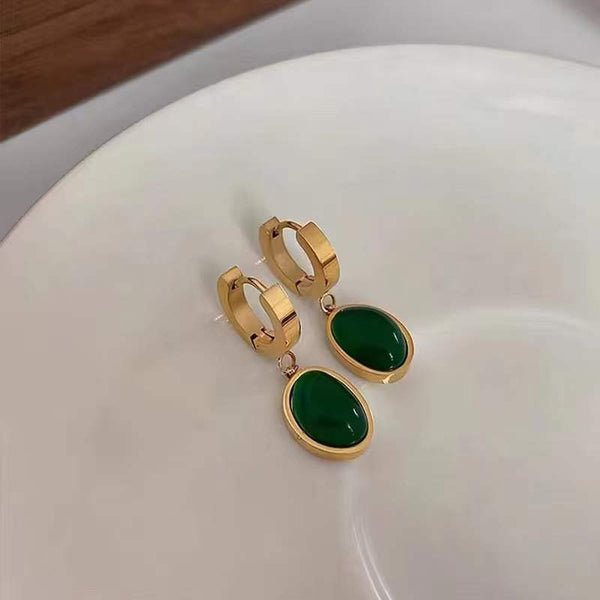 Green Oval Emerald Dangling 18K Gold Anti Tarnish Stainless Steel Earring for Women Main image
