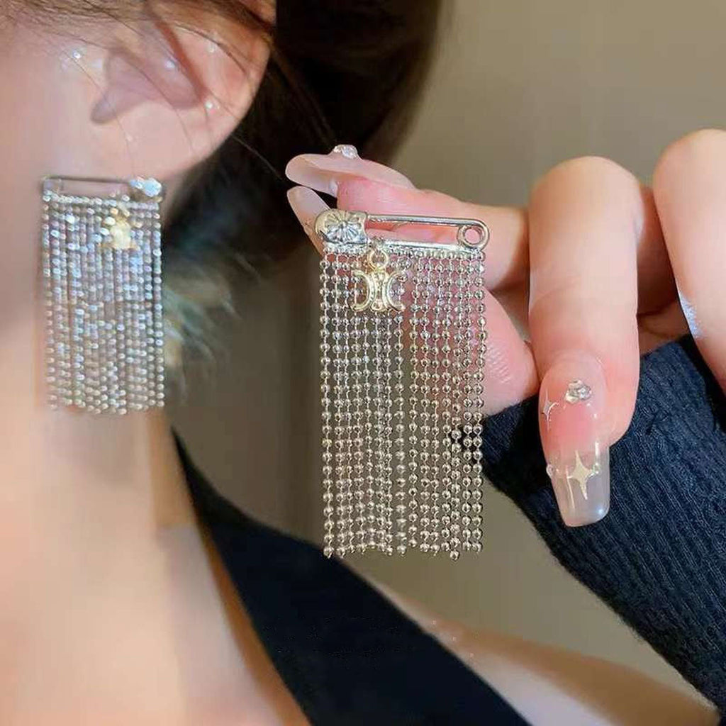 Tassel Chain Safety Pin Silver Anti Tarnish Dangling Earring Bulk