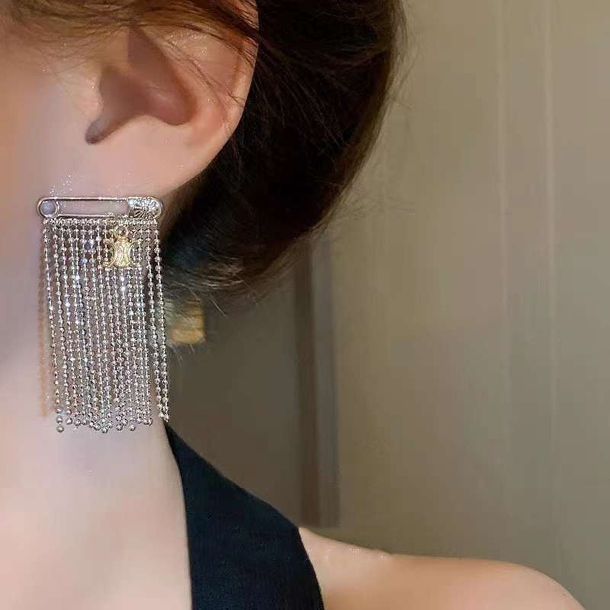 Tassel Chain Safety Pin Silver Anti Tarnish Dangling Earring Bulk