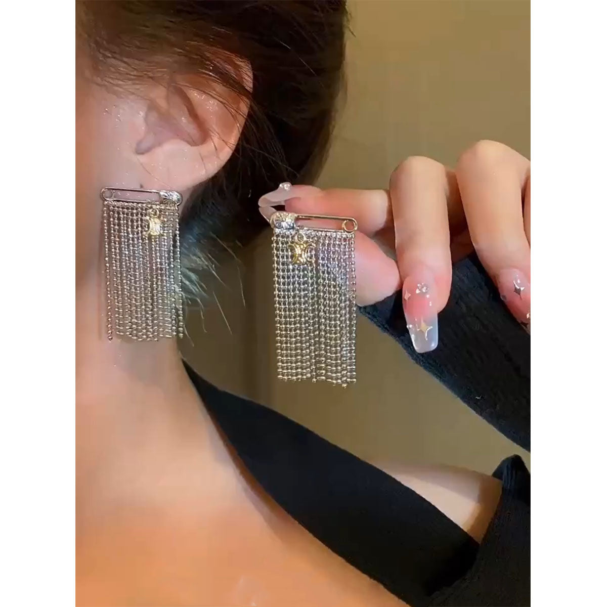 Tassel Chain Safety Pin Silver Anti Tarnish Dangling Earring Bulk