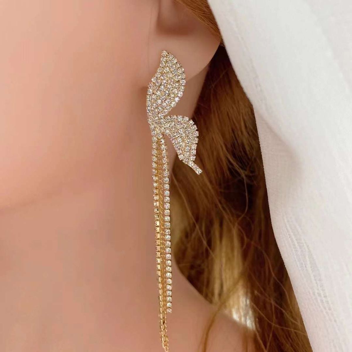 Half Butterfly CZ Gold Anti Tarnish Festive Tassel Long Earring Bulk Secondary image