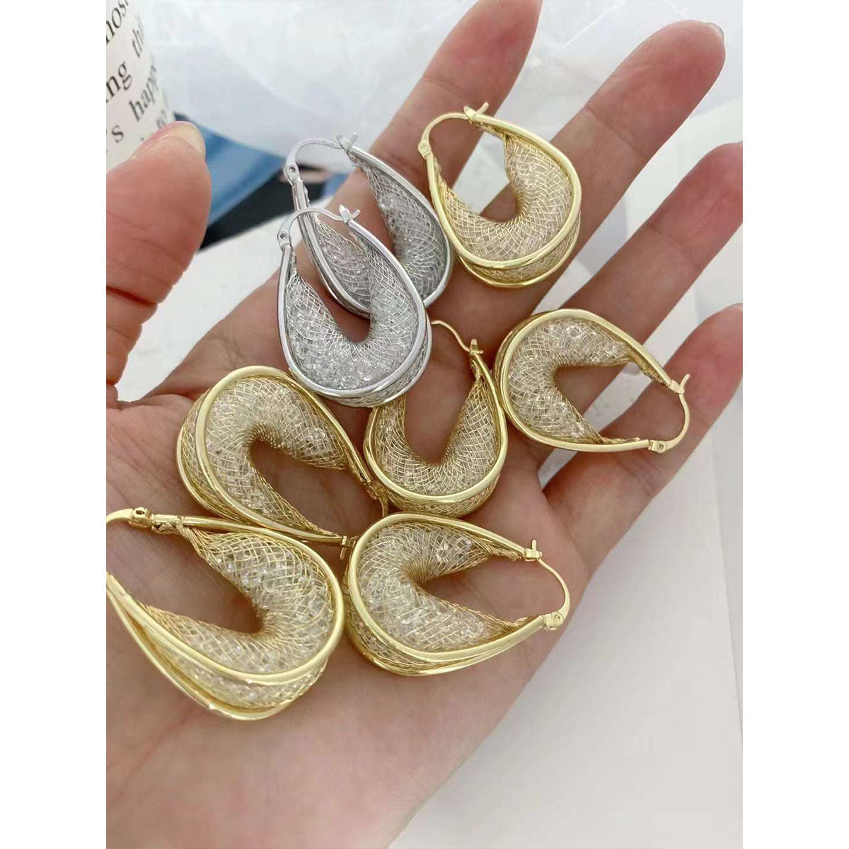 Wire Mesh Cubic Zirconia 18K Gold Anti Tarnish Hoop Earring Women Bulk Main image